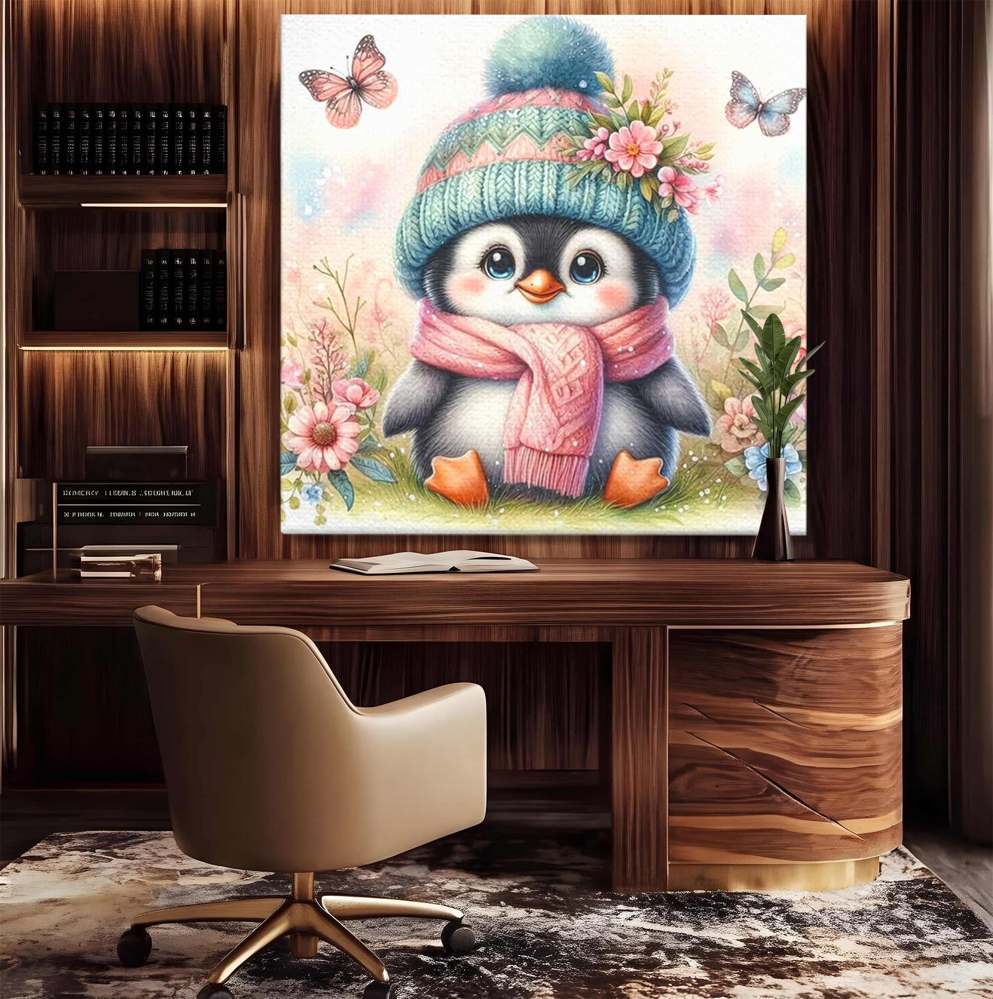 Tablou canvas cu pinguin ilustrat cu caciula si fular roz, fara rama, pe sasiu de lemn, pe perete intr-un birou